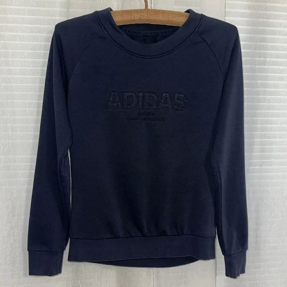 adidas L Unisex Child Navy Crewneck Terrycloth Interior Sweatshirt